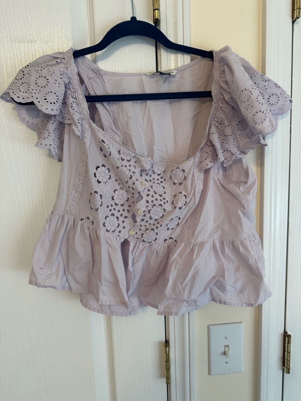 American Eagle Outfitters Lavender Eyelet Flutter Sleeve Peplum Top